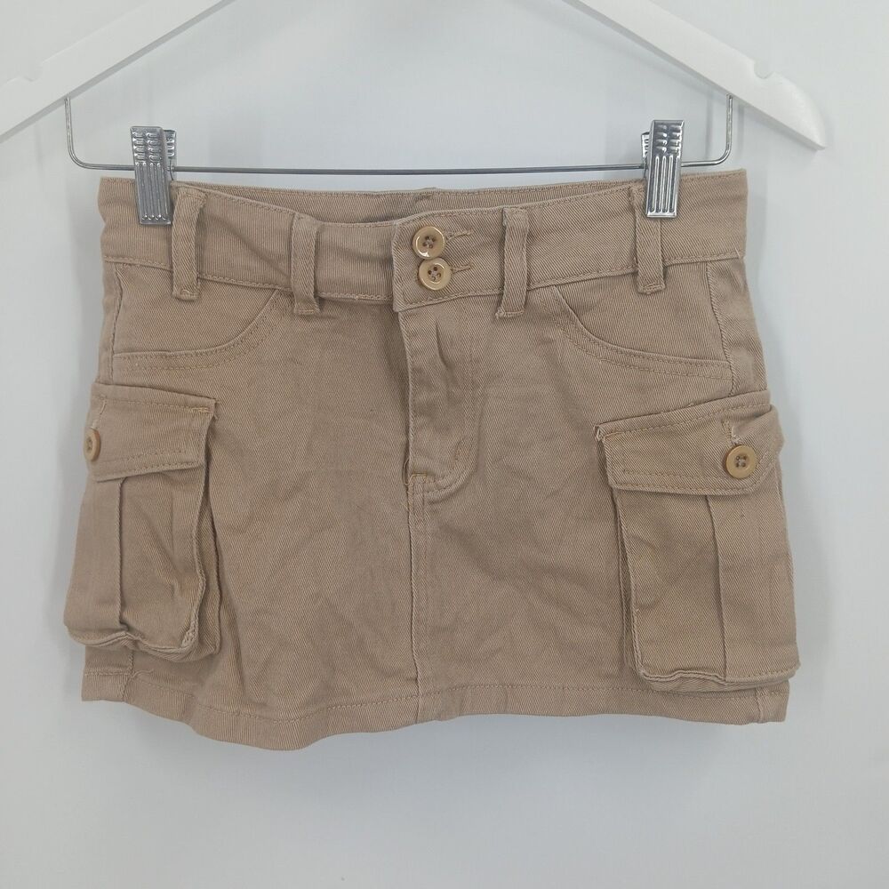 womans size small brown khaki cargo mini skirt stretchy utility y2k aesthetic